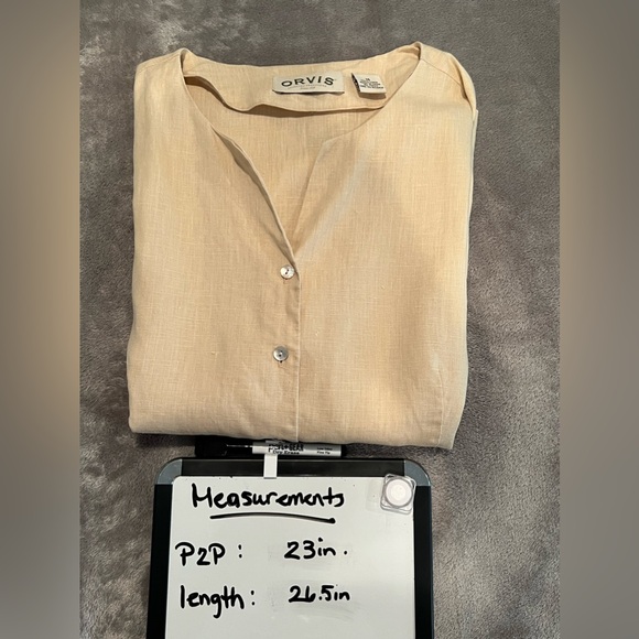 Orvis Shirt Women’s 14 Beige Performance Linen Short Sleeve V-Neck - Picture 10 of 10